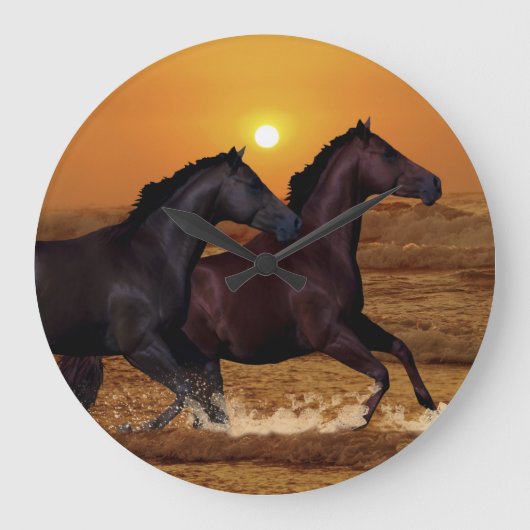 海の日没で走っている馬 ラージ壁時計 (正面)