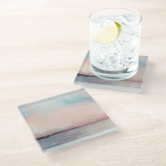 海の日没のトリプティク-パステル調の水彩画 ガラスコースター (アングル)