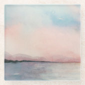 海の日没のトリプティク-パステル調の水彩画 ガラスコースター (正面)