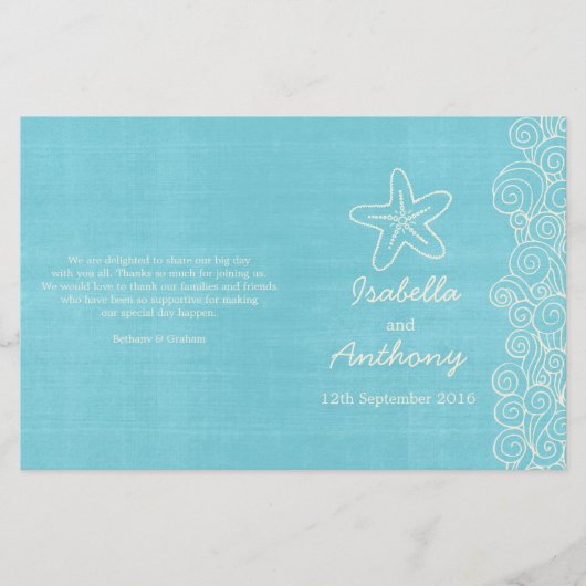 海の星と渦巻き青いクリームの結婚式プログラム (正面)