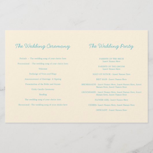 海の星と渦巻き青いクリームの結婚式プログラム (裏面)