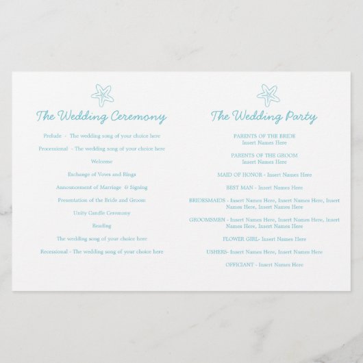 海の星と渦巻き青い白い結婚式のプログラム (裏面)