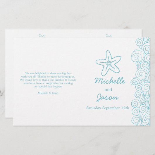 海の星と渦巻き青い白い結婚式のプログラム (正面/裏面)