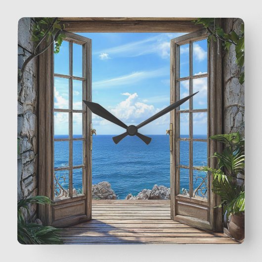 海の景色のフェイクウィンドウ時計 🌊🪟🕰️ スクエア壁時計 (正面)