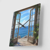 海の景色のフェイクウィンドウ時計 🌊🪟🕰️ スクエア壁時計 (傾斜)