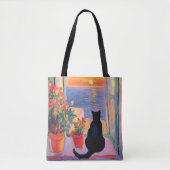 海の景色を楽しむ黒猫 トートバッグ (正面)