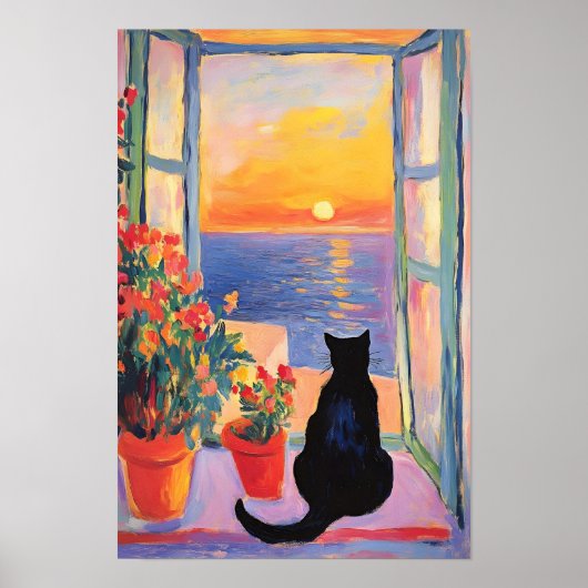 海の景色を楽しむ黒猫 ポスター (正面)