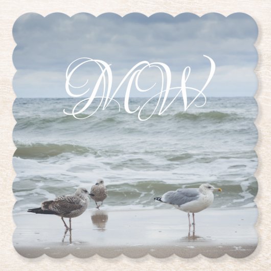 海の景色：波とカモメ ペーパーコースター (正面)