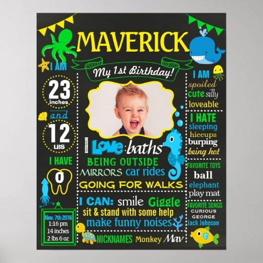 海の最初の誕生日の黒板の看板の下 ポスター (正面)