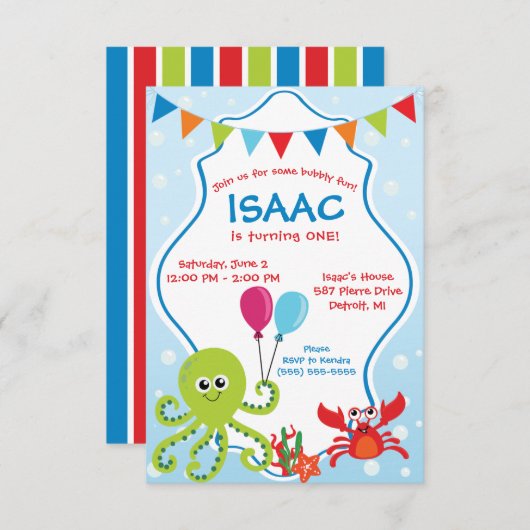 海の最初の誕生日パーティーの下で泡立つおもしろい 招待状 (正面/裏面)
