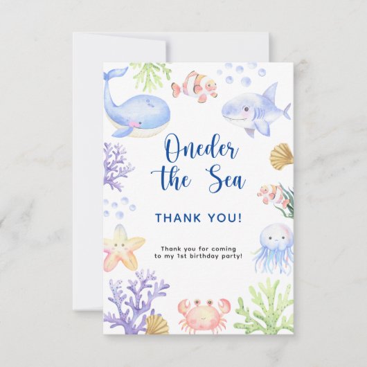 海の最初の誕生日パーティーの下の水色 サンキューカード (正面)