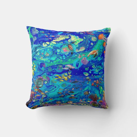 海の枕、ビーチの枕、珊瑚礁、イルカ、 クッション (正面)