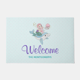 海の歓迎の下でイルカに乗る人魚 ドアマット