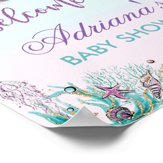 海の歓迎サインの下で人魚の赤ちゃんシャワー ポスター (角)