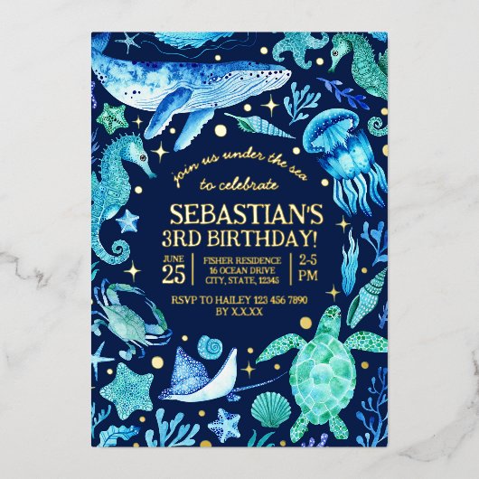 海の水の下でクジラの海馬クラゲ 箔シーズンカード (正面)