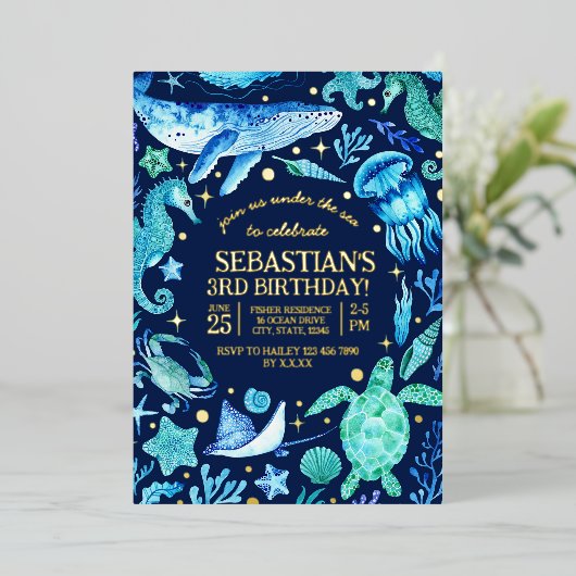 海の水の下でクジラの海馬クラゲ 箔シーズンカード (立ち正面)