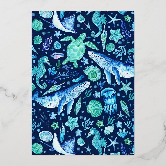 海の水の下でクジラの海馬クラゲ 箔シーズンカード (裏面)