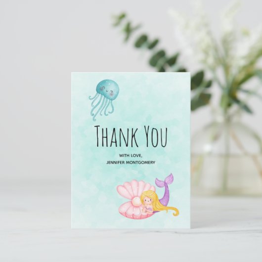 海の水の下にかわいい人魚ありがとう ポストカード (スタンド正面)