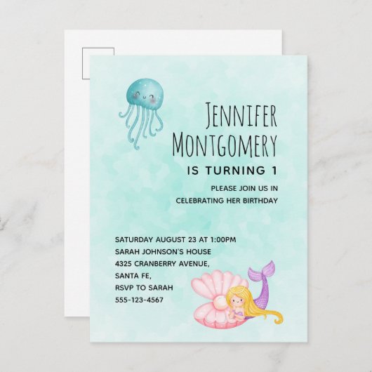 海の水の下にかわいい人魚のカラー誕生日 インビテーションポストカード (正面/裏面)