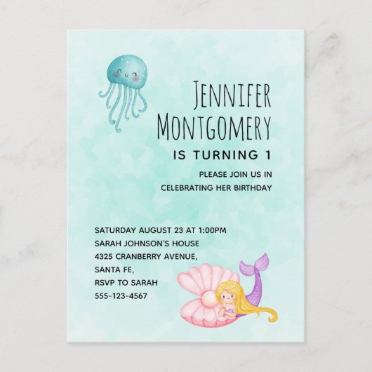 海の水の下にかわいい人魚のカラー誕生日 インビテーションポストカード (正面)
