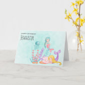 海の水の下にかわいい人魚のカラー誕生日 カード (黄色い花)