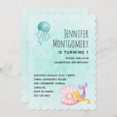 海の水の下にかわいい人魚のカラー誕生日 招待状 (正面/裏面)