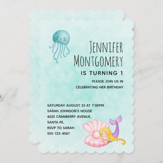 海の水の下にかわいい人魚のカラー誕生日 招待状 (正面/裏面)