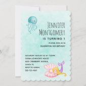 海の水の下にかわいい人魚のカラー誕生日 招待状 (正面)