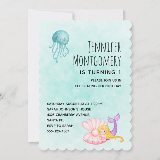 海の水の下にかわいい人魚のカラー誕生日 招待状 (正面)