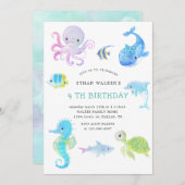 海の水の下にかわいい色の誕生日招待状 招待状 (正面/裏面)