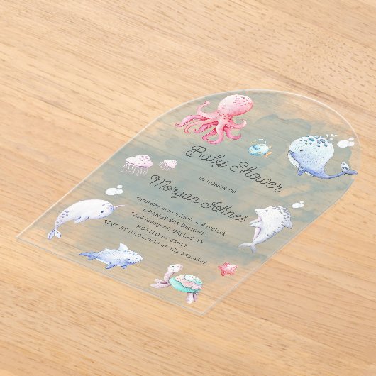 海の水の下にかわいい赤ちゃんシャワー アクリル招待状 (レイダウン)