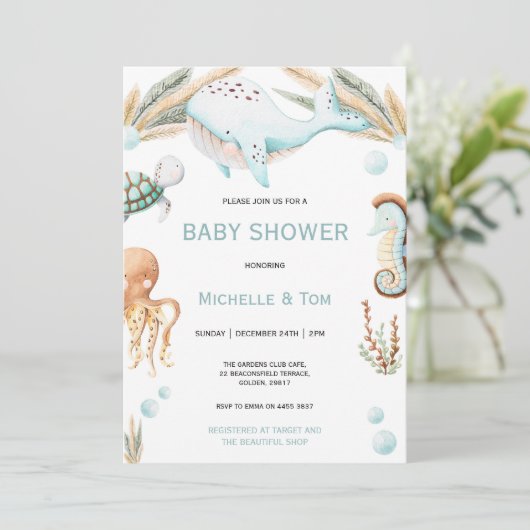 海の水の下のクジラ赤ちゃんシャワー 招待状 (スタンド正面)