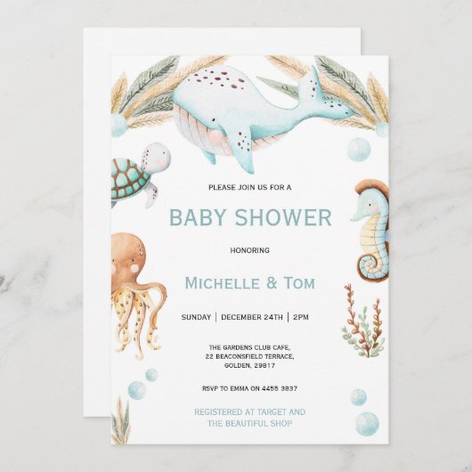 海の水の下のクジラ赤ちゃんシャワー 招待状 (正面/裏面)