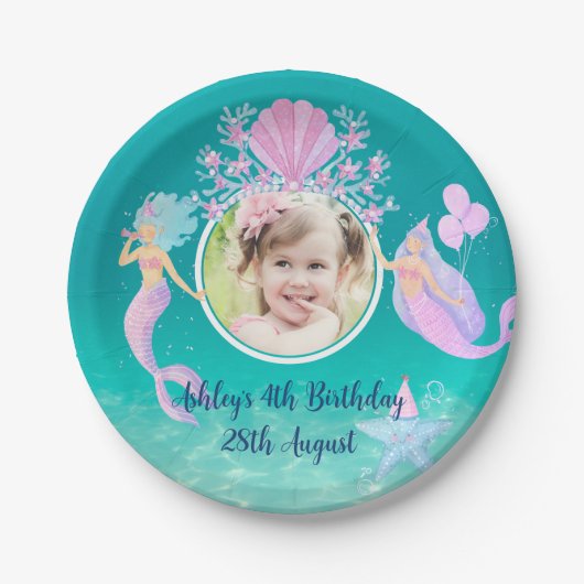 海の水の下の人魚の色の海子供のパーティー ペーパープレート (正面)