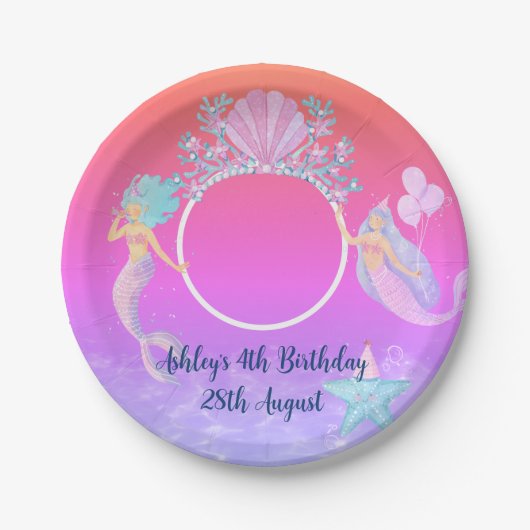 海の水の下の人魚の色の海子供のパーティー ペーパープレート (正面)