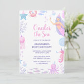 海の水の下の人魚の色女の子1st誕生日 招待状 (スタンド正面)