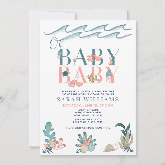 海の水の下の双子の色オベビー赤ちゃんシャワー 招待状 (正面)