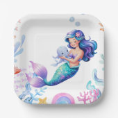 海の水の下の可愛い人魚のカラーベビーシャワー ペーパープレート (正面)