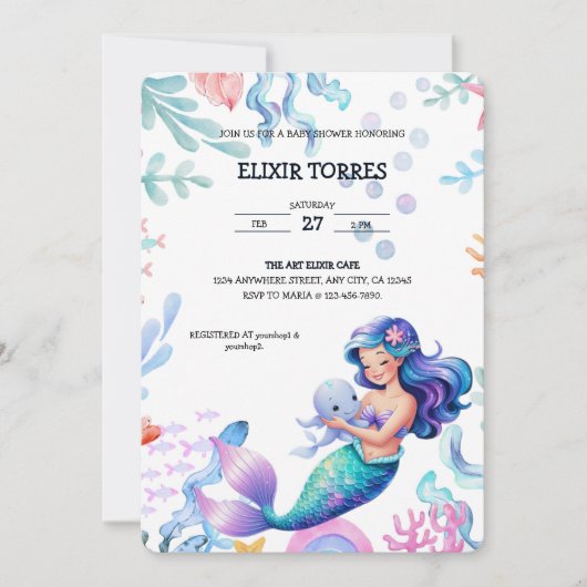 海の水の下の可愛い人魚のカラーベビーシャワー 招待状 (正面)