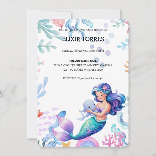 海の水の下の可愛い人魚のカラーベビーシャワー 招待状 (正面)