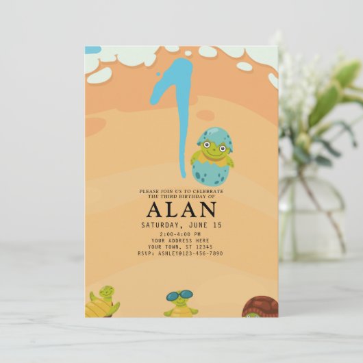 海の水の下の最初の誕生日の色の亀 招待状 (スタンド正面)