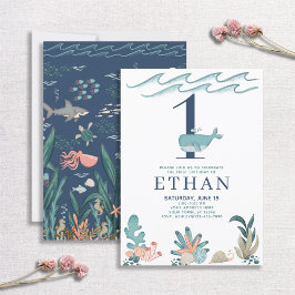 海の水の下の最初の誕生日クジラ 招待状