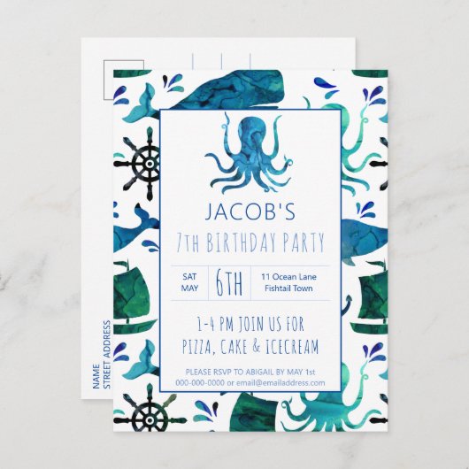 海の水の下の色タコ誕生日 航海の インビテーションポストカード (正面/裏面)