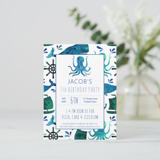 海の水の下の色タコ誕生日 航海の インビテーションポストカード (スタンド正面)