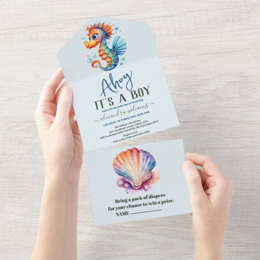 海の水の色のベビーシャワーの下 オールインワン招待状 (貼ってはがせる)