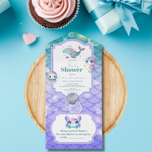 海の水の色のベビーシャワーの下 オールインワン招待状