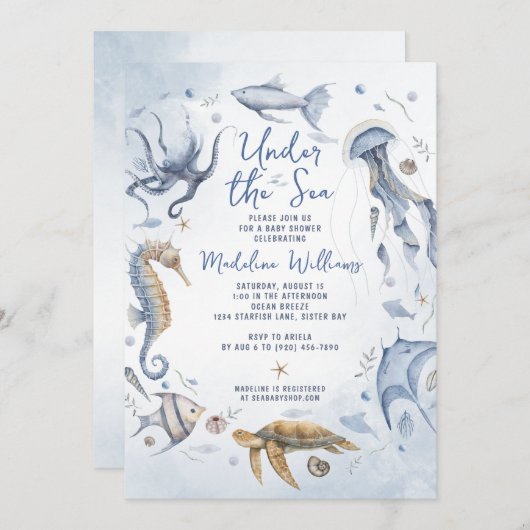 海の水の色のベビーシャワーの下 招待状 (正面/裏面)