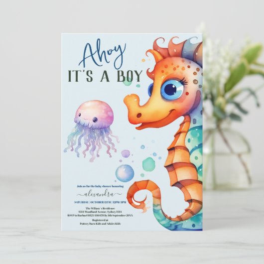 海の水の色のベビーシャワーの下 招待状 (スタンド正面)