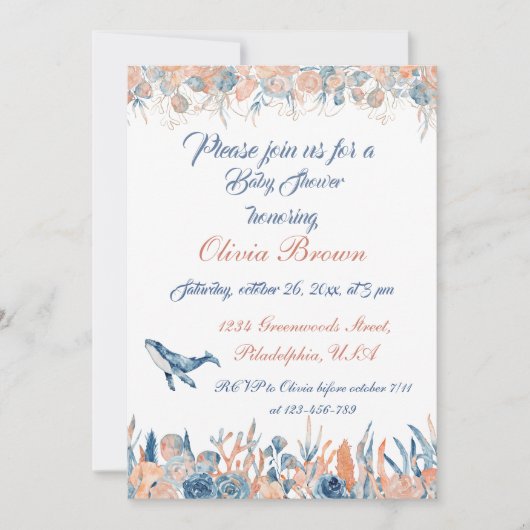 海の水の色のベビーシャワーの下 招待状 (正面)