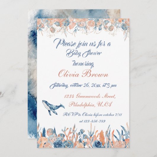 海の水の色のベビーシャワーの下 招待状 (正面/裏面)